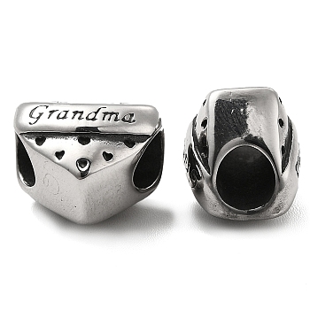 304 Stainless Steel European Bead, Large Hole Beads, Heart with Word Grandma, Antique Silver, 15x12x11.5mm, Hole: 5.2mm