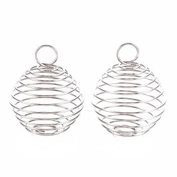 304 Stainless Steel Wire Pendants, Spiral Bead Cage Pendants, Round, Stainless Steel Color, 28~30x24~25mm, Hole: 6mm