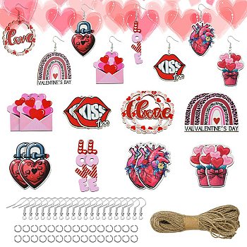 DIY Valentine's Day Pendant Decoration/Earring Making Kit, Including Wood Big Pendants, Jute Cord, Iron Earring Hooks, Lock & Word & Lip & Heart, Hot Pink, 66Pcs/bag