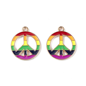 Rainbow Color Pride Alloy Enamel Pendants, Peace Sign Charms, Light Gold, Colorful, 20.5x17.7x1.5mm, Hole: 2mm