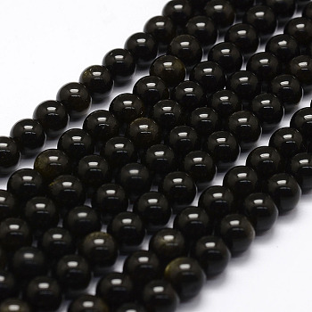 Natural Golden Sheen Obsidian Beads Strands, Round, 8mm, Hole: 1mm, about 49pcs/strand, 15.2 inch
