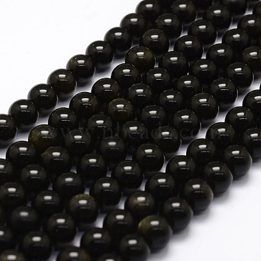 8mm Black Round Golden Sheen Obsidian Beads