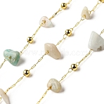 Handmade Natural Amazonite Chip Beaded Chains, Soldered, with Rack Plating Brass Findings, Long-Lasting Plated, Lead Free & Cadmium Free, with Spool, Real 18K Gold Plated, 5~14x2~7x3~7mm(CHC-F020-09G-05)
