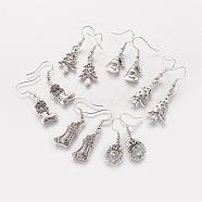 Alloy Dangle Earrings, Christmas Mixed Shaped, Antique Silver, 32~41mm, 16~26x10~14x2~3mm, Pin: 0.6mm(EJEW-JE02381)