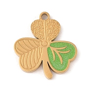 Ion Plating(IP) 304 Stainless Steel Pendants, with Glitter Enamel, Clover Charm, Golden, Lime Green, 17x16x2mm, Hole: 1.4mm(STAS-N106-09G)