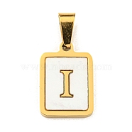 PVD Vacuum Plating 304 Stainless Steel Pave Natural White Shell Pendants, Rectangle with Letter Charms, Golden, Letter I, 17.5x12x1.5mm, Hole: 6x3mm(STAS-S130-03G-I)