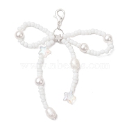 Bowknot Natural Cultured Freshwater Pearl & Glass Beaded Pendant Decoration, Lobster Claw Clasps Charm for Bag Ornaments, Platinum, 72~78mm(HJEW-TA00231)