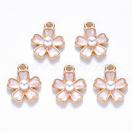 Alloy Enamel Charms, with ABS Plastic Imitation Pearl, Sakura Flower, Light Gold, Creamy White, 14.5x11.5x4.5mm, Hole: 1.2mm(ENAM-N054-028A)