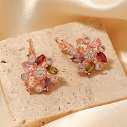 Chic Brass Flower Hoop Earrings, with Sparkling Colorful Rhinestone for Fashionable Look, Golden, 24x16mm(FW7002)