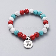 Buddhist Theme Synthetic Turquoise, Natural Howlite Round Beads Stretch Bracelets, with Tibetan Style Alloy Flat Round Pendants and Beads, Lotus, 2-1/8 inch(5.5cm)(BJEW-JB04872-03)