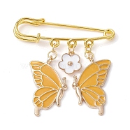 Butterfly & Flower Charm Alloy Enamel Brooches for Women, Iron Safety Pin Brooch, Kilt Pins, Orange, 50mm(JEWB-BR00144-05)
