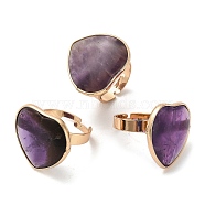 Natural Amethyst Finger Rings, Brass Adjustable Rings for Women, Golden, Heart, Inner Diameter: 18mm, Heart: 25x26mm(RJEW-G332-01D-G)