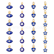 24Pcs 4 Style Rack Plating Brass Enamel Charms, with Jump Rings, Cadmium Free & Lead Free, Real 18K Gold Plated, Star & Heart with Evil Eye, Marine Blue, 9~10x6.5~11x2~4.5mm, Hole: 2.5~3mm, 6pcs/style(KK-DC0001-84)