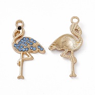 Alloy Rhinestone Pendants, Flamingo Charm, Light Gold, Light Sapphire, 28x15x2.5mm, Hole: 2mm(PALLOY-P287-16LG-01)