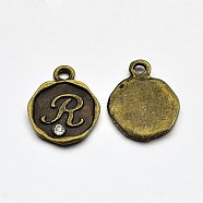 Antique Bronze Plated Alloy Rhinestone Charms, Flat Round with Letter.R, Nickel Free, 13x10x1.5mm, Hole: 1mm(ALRI-J152-R-NF)