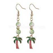 Real 18K Gold Plated Alloy Enamel Dangle Earrings, with Natural Dyed White Jade Round Beaded, Tree of Life, 58x13mm(EJEW-JE05667-02)