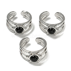 Natural Black Agate Adjustable Rings, with Platinum Brass Findings, Long-Lasting Plated, Jewely for Women, Adjustable(RJEW-K269-10P-01)