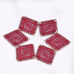 Polyester Woven Pendant Decorations, with Iron Findings, Rhombus with Flower, Light Gold, Crimson, 45x37.5x2mm(WOVE-T008-05B)