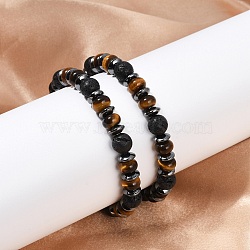 Tiger Eye with Hematite Partition and Lava Beaded Stretch Bracelets for Women Men, Flat Round, Inner Diameter: 2-3/8 inch(6cm)(BJEW-Q031-02A)