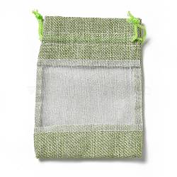 Linen Pouches, Drawstring Bags, with Organza Windows, Rectangle, Light Green, 14x10x0.5cm(ABAG-I009-02J)