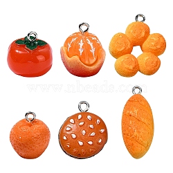 30Pcs 6 Styles Opaque Resin Pendants, Tangerine & Hamburger & Bread Charms, with Platinum Tone Iron Loops, Mixed Shapes, Orange, 15~29.5x13~20.5x8~17mm, Hole: 1.8~2mm, 5pcs/style(RESI-YW0001-70)