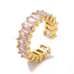 Cubic Zirconia Rectangle Open Cuff Ring, Real 18K Gold Plated Brass Jewelry for Women, Lead Free & Cadmium Free, Pearl Pink, Inner Diameter: 16mm(RJEW-G282-02G-01)