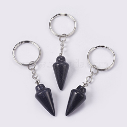 Synthetic Blue Goldstone Keychain, with Iron Key Rings, Platinum, 78mm, Pendant: 32x14mm(KEYC-P041-A09)