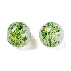 Handmade Green Sand Lampwork Beads, Round with Flower, Green, 12x12~12.5mm, Hole: 1.2~1.6mm(LAMP-T023-04C-01)