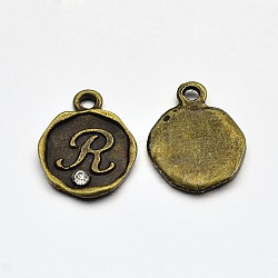 Antique Bronze Plated Alloy Rhinestone Charms, Flat Round with Letter.R, Nickel Free, 13x10x1.5mm, Hole: 1mm(ALRI-J152-R-NF)