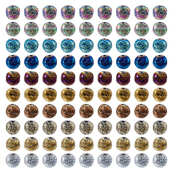 100Pcs 10 Colors Electroplated Natural Lava Rock Beads Strands, Round, Mixed Color, 6mm, Hole: 1.2mm, 10pcs/colo