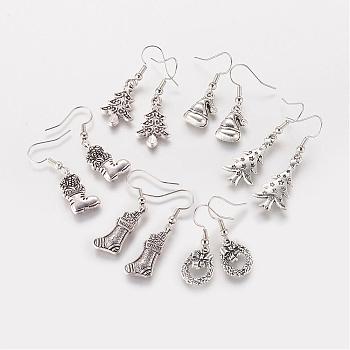 Alloy Dangle Earrings, Christmas Mixed Shaped, Antique Silver, 32~41mm, 16~26x10~14x2~3mm, Pin: 0.6mm
