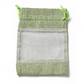 Linen Pouches, Drawstring Bags, with Organza Windows, Rectangle, Light Green, 14x10x0.5cm