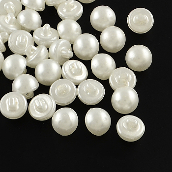 1-Hole Acrylic Shank Buttons, Imitation Pearl Style, Half Round, White, 12x11mm, Hole: 1mm
