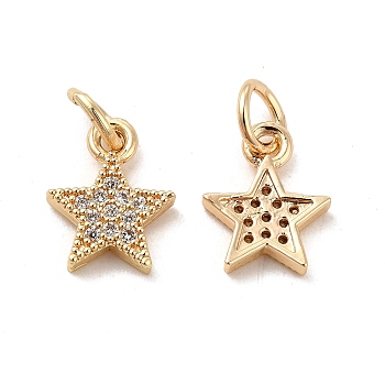 Rack Plating Brass Micro Pave Cubic Zirconia Charms, Long-Lasting Plated, Cadmium Free & Lead Free, with Jump Ring, Star Charm, Real 14K Gold Plated, 13x10x2mm, Hole: 4mm