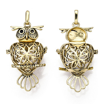 Rack Plating Brass Cage Pendants, For Chime Ball Pendant Necklaces Making, Owl, Antique Bronze, 51x29x20mm, Hole: 4x7mm, inner measure: 18x20mm