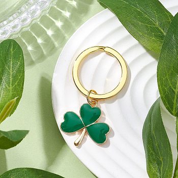 Clover Alloy Enamel Pendant Keychain, with Alloy Key Rings, Golden, 49mm