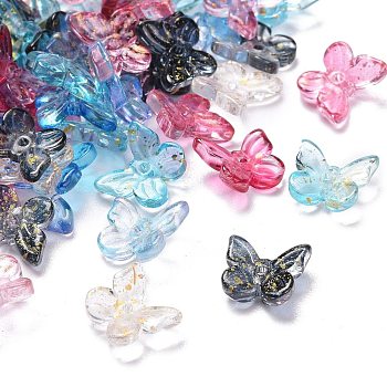 Two Tone Transparent Spray Painted Glass Charms, with Glitter Powder, Butterfly, Mixed Color, 9.5x11x3mm, Hole: 0.8mm