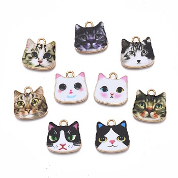 Printed Alloy Pendants, Cadmium Free & Nickel Free & Lead Free, Light Gold, Cat Head, Mixed Color, 17x17.5x1.5mm, Hole: 2mm