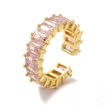 Cubic Zirconia Rectangle Open Cuff Ring, Real 18K Gold Plated Brass Jewelry for Women, Lead Free & Cadmium Free, Pearl Pink, Inner Diameter: 16mm