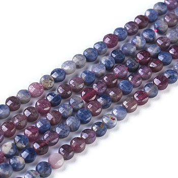 Natural Red Corundum/Ruby and Sapphire Beads Strands, Faceted, Flat Round, 3.5~4.5x2~2.5mm, Hole: 0.5mm, about 98~107pcs/strand, 15.35 inch(39cm)long