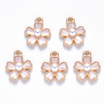 Alloy Enamel Charms, with ABS Plastic Imitation Pearl, Sakura Flower, Light Gold, Creamy White, 14.5x11.5x4.5mm, Hole: 1.2mm