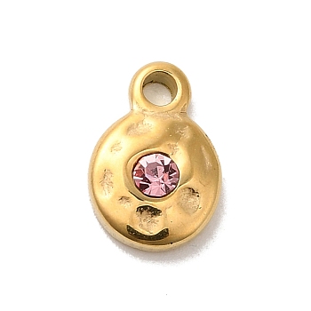 304 Stainless Steel Glass Pendants, Flat Round, Real 14K Gold Plated, Pearl Pink, 9x6x2.5mm, Hole: 1.8mm