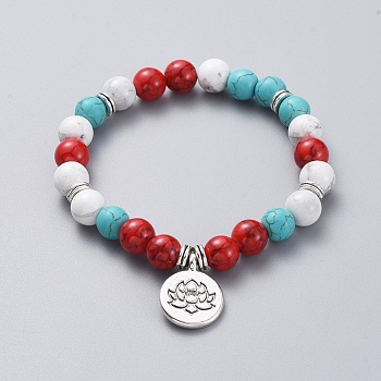 Buddhist Theme Synthetic Turquoise, Natural Howlite Round Beads Stretch Bracelets, with Tibetan Style Alloy Flat Round Pendants and Beads, Lotus, 2-1/8 inch(5.5cm)
