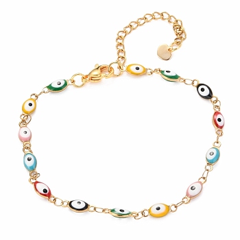 304 Stainless Steel Link Bracelets, with Enamel and Lobster Claw Clasps, Evil Eye, Colorful, Golden, 7-3/4 inch(19.7cm)