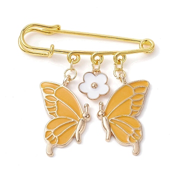 Butterfly & Flower Charm Alloy Enamel Brooches for Women, Iron Safety Pin Brooch, Kilt Pins, Orange, 50mm