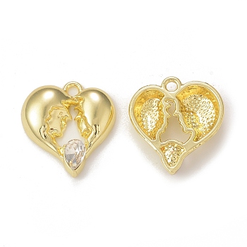 Rack Plating Alloy Glass Pendants, Golden, Heart Charms, Clear, 19x18x4mm, Hole: 1.8mm