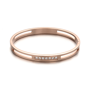 304 Stainless Steel Bangles, with Rhinestone, Rose Gold, 53x64mm, 8mm