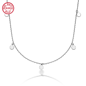 925 Sterling Silver Flat Round Pendant Necklaces for Women, Cable Chains Necklaces, Platinum, 14.96 inch(38cm)