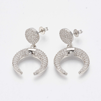 Brass Micro Pave Cubic Zirconia Ear Studs, Dangle Earrings, Double Horn/Crescent Moon, Clear, Platinum, 31mm, pin: 0.8mm