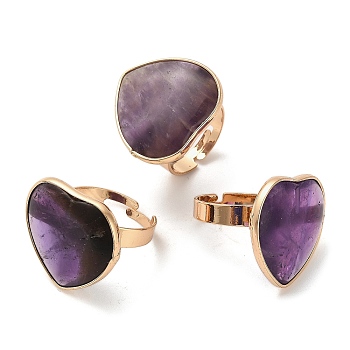 Natural Amethyst Finger Rings, Brass Adjustable Rings for Women, Golden, Heart, Inner Diameter: 18mm, Heart: 25x26mm